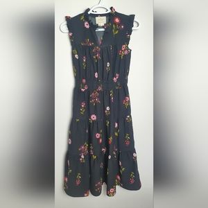 Kate Spade In Bloom Smocked Waist Black Floral Knee Length Dress Womens Size XXS